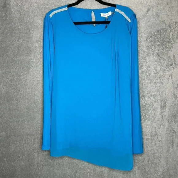 Calvin Klein Womens Top 2X Blue Solid Long Sleeve Scoop Neck Asymmetrical - Picture 1 of 8
